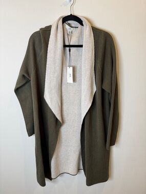 H by Halston Olive Green Open-Front Cardigan with Cream Shawl Collar